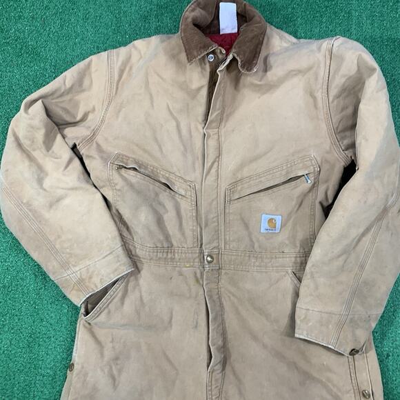 VINTAGE MEN'S CARHARTT 44 REGULAR QUILT LINED BROWN COVERALLS 996QZR USA - Picture 1 of 16